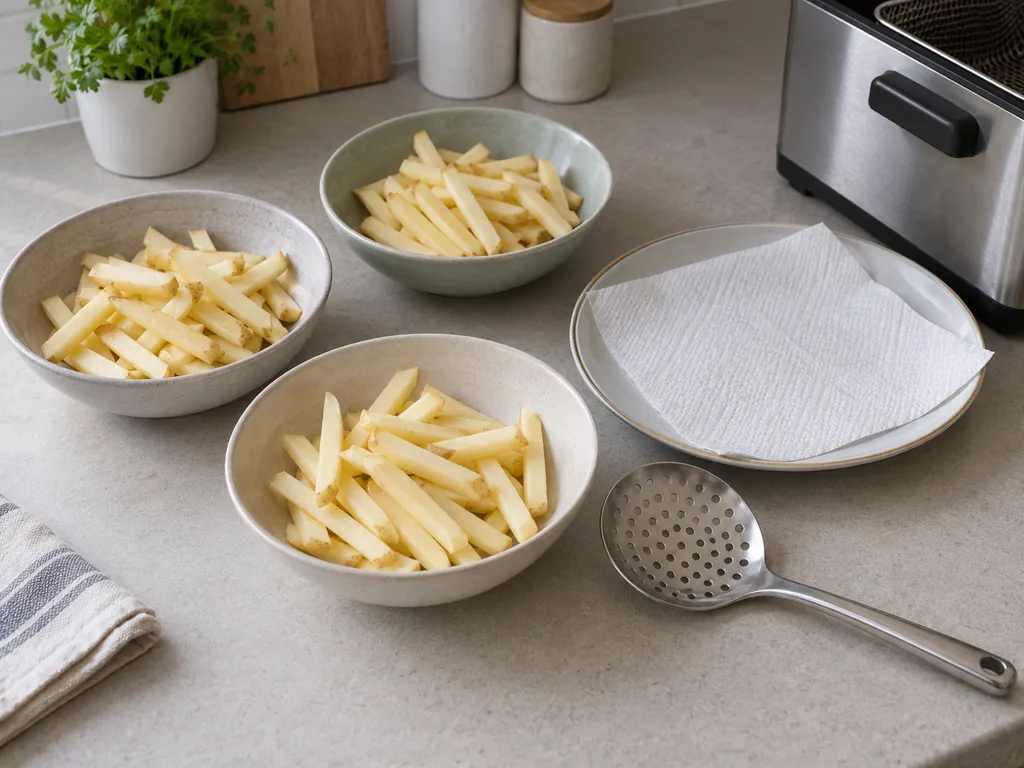 Drie kleine porties droge frietstaafjes met een schuimspaan en een uitlekbord.