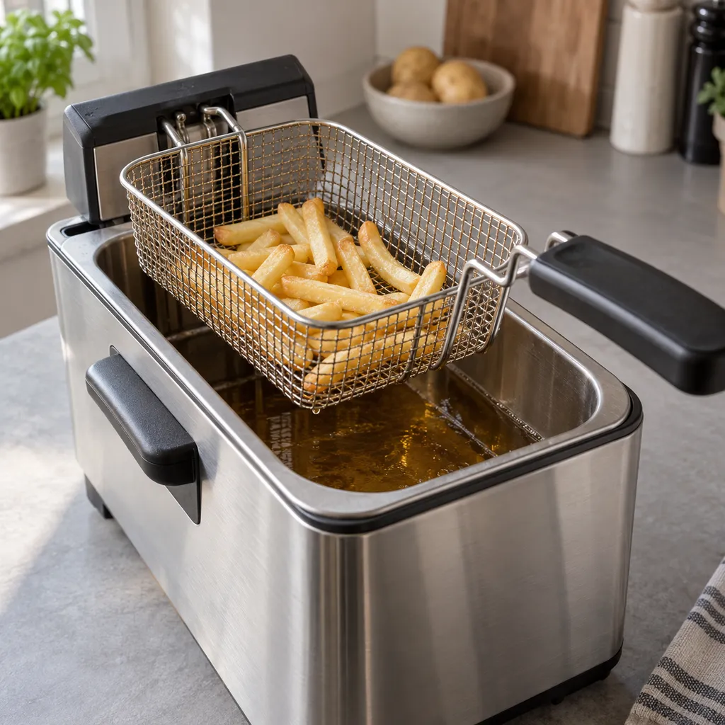 Een kleine portie goudgele friet in het mandje boven een elektrische frituurpan.