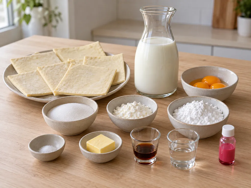 Bladerdeeg, melk, drie eidooiers, suiker, maïzena en ingrediënten voor roze glazuur