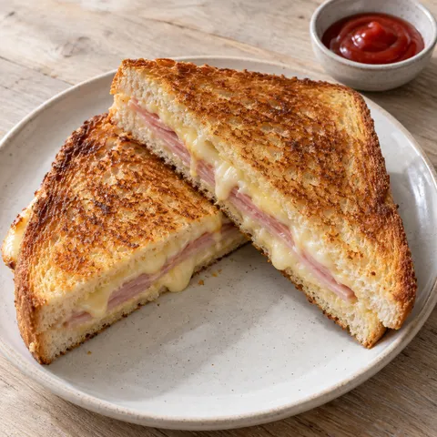 Goudbruine tosti ham-kaas met gesmolten kaas en een schaaltje ketchup