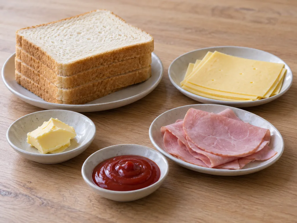 Witbrood, roomboter, Goudse kaas, achterham en ketchup voor twee tosti's