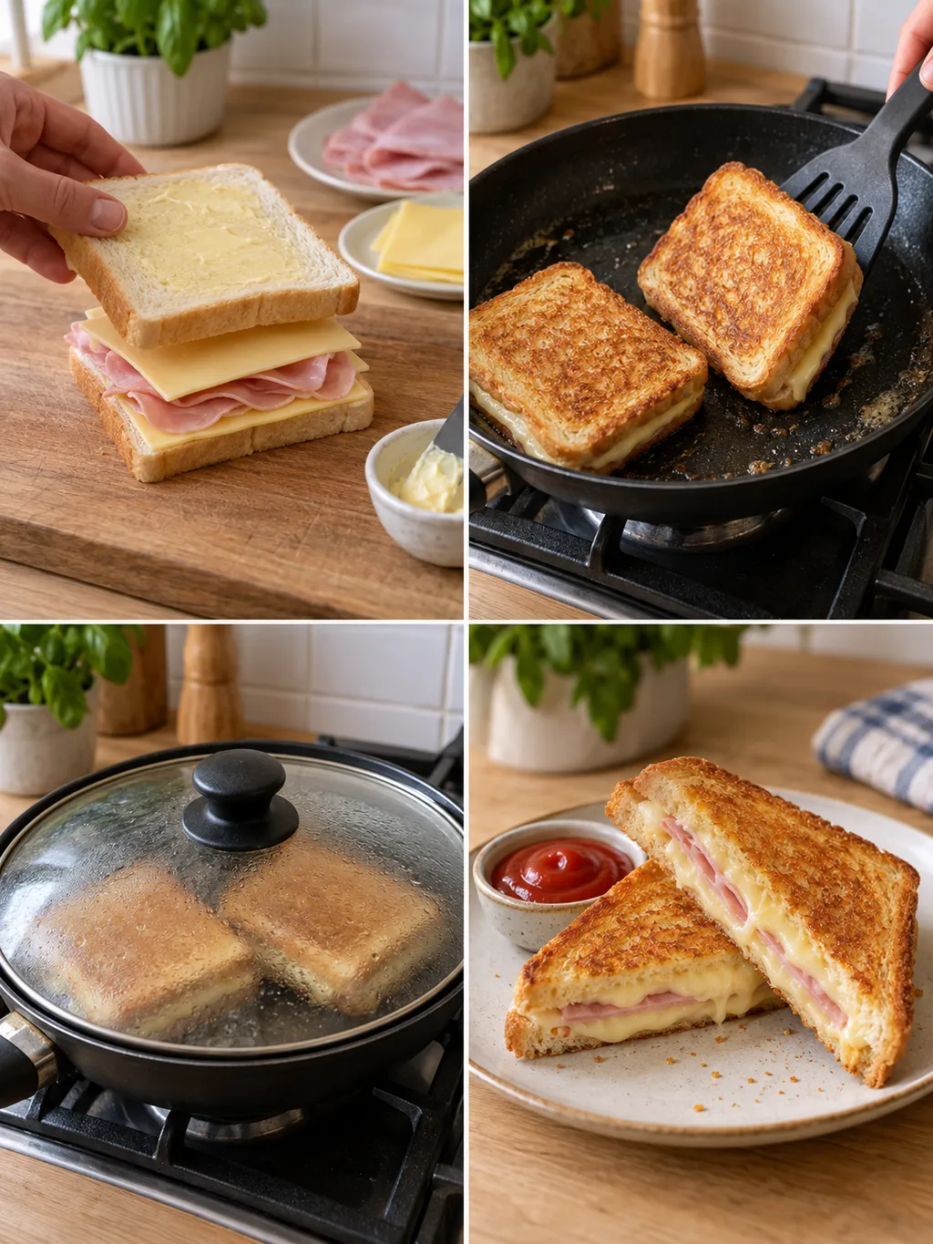 Tosti ham-kaas beleggen, keren, afgedekt bakken en gesneden serveren