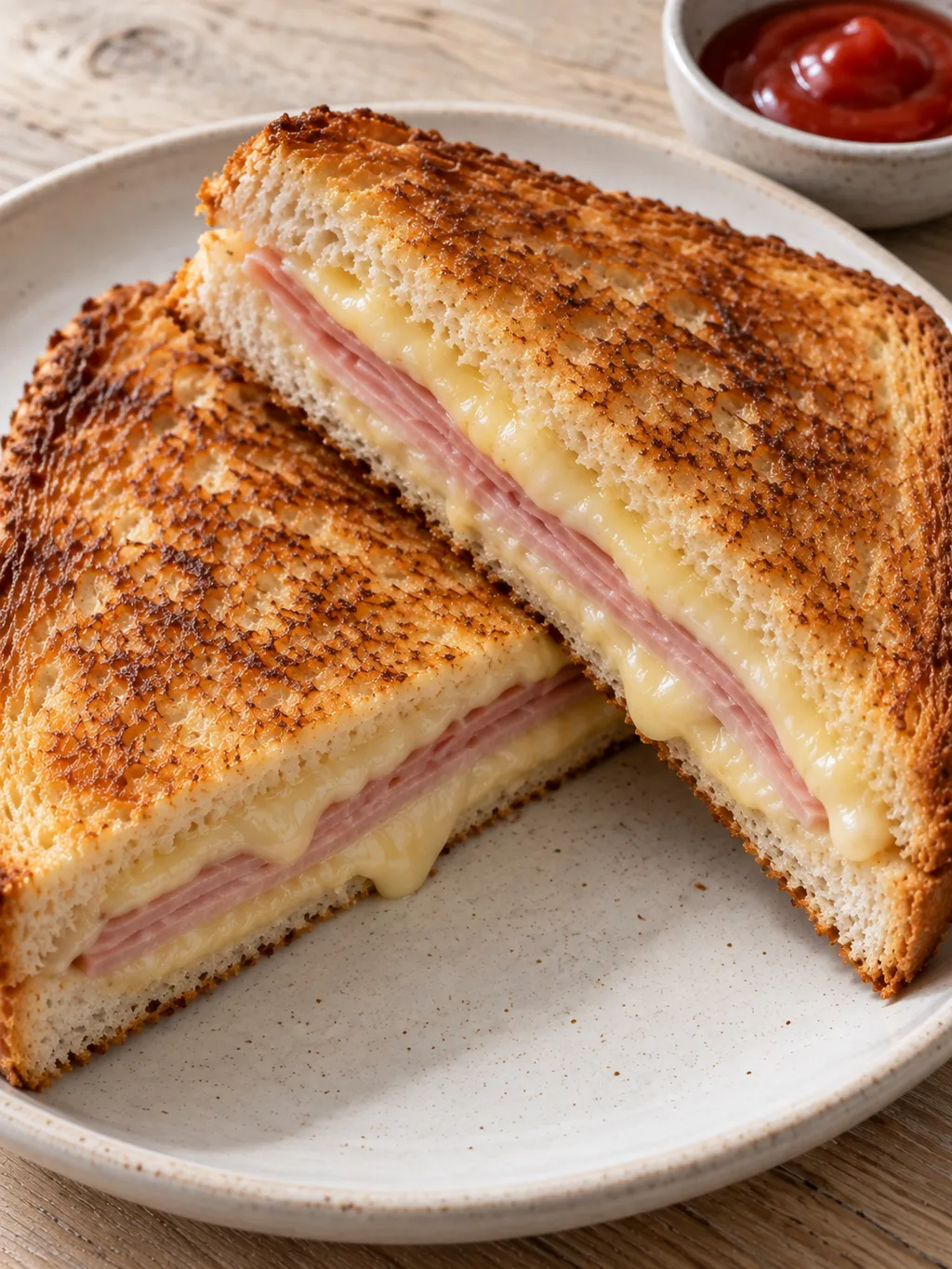 Gesneden tosti ham-kaas met een krokante boterkorst en zachte kaas