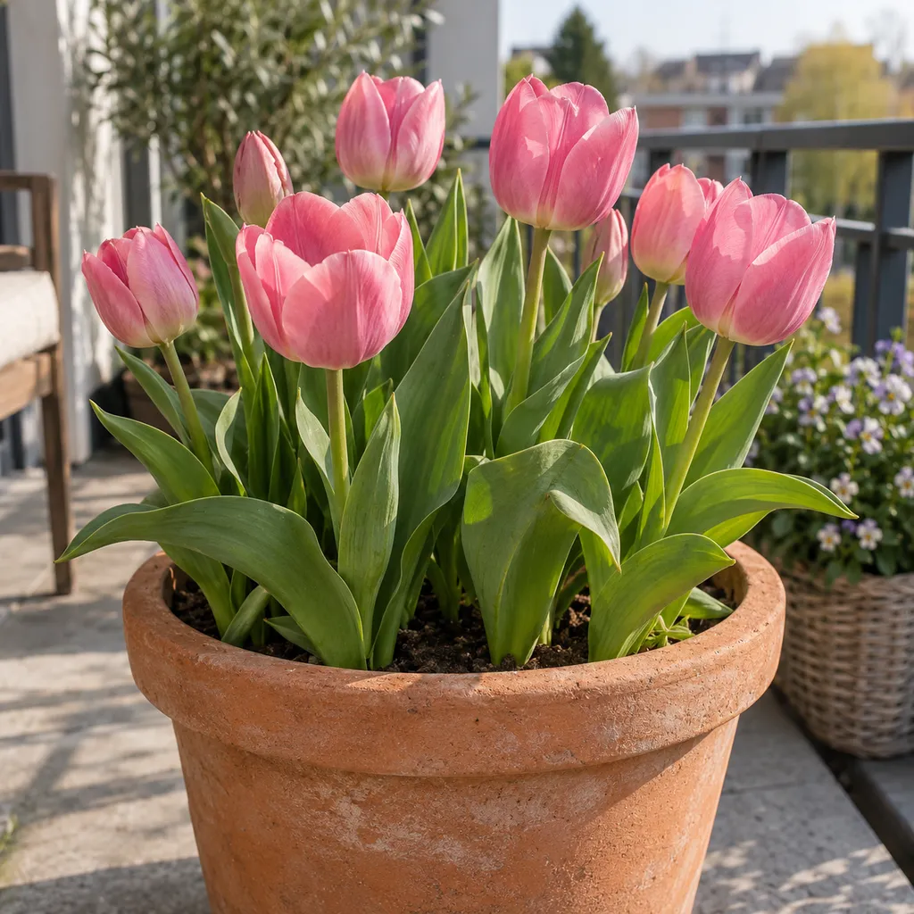 Roze tulpen met groen blad in een ruime terracotta pot op een balkon.