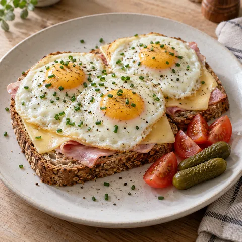 Uitsmijter met ham, kaas, drie spiegeleieren, bieslook, tomaat en augurken