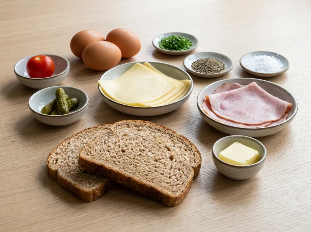 Brood, boter, ham, kaas, drie eieren, tomaat, augurken, bieslook, peper en zout