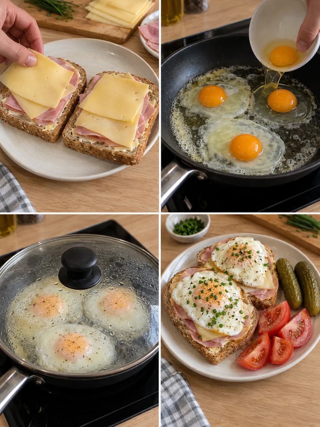 Brood beleggen, eieren in de pan doen, afgedekt bakken en de uitsmijter serveren