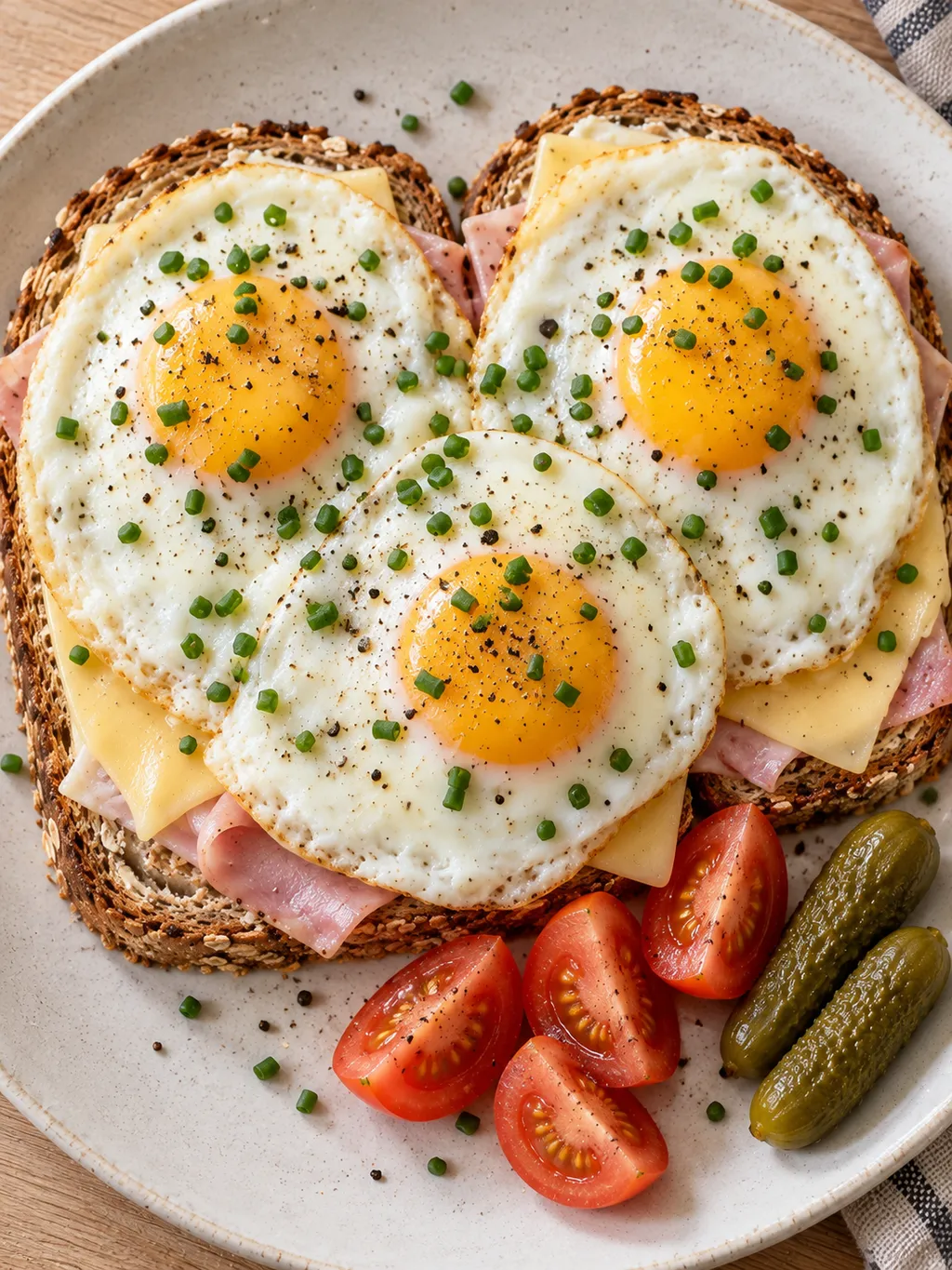 Uitsmijter op volkorenbrood met ham, kaas, drie spiegeleieren en frisse garnituur