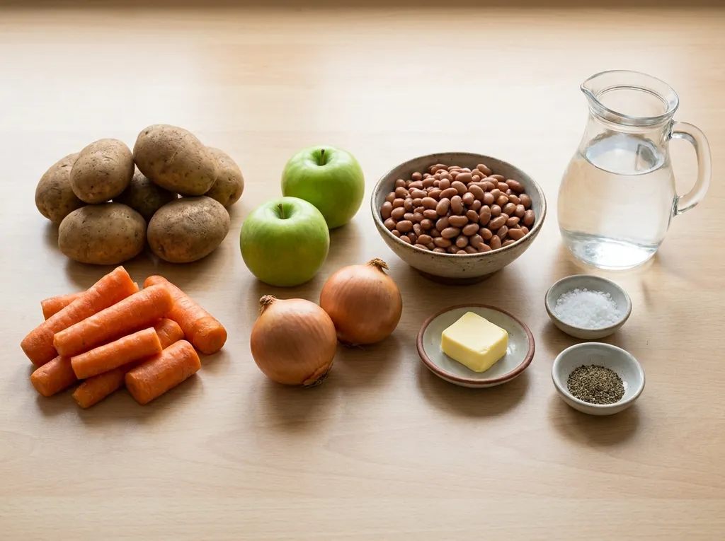 Aardappelen, winterpeen, twee uien, twee appels, bruine bonen, boter, zout, peper en water