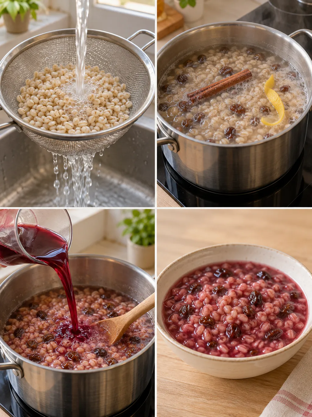 Gort spoelen, rozijnen meekoken, bessensap toevoegen en watergruwel serveren