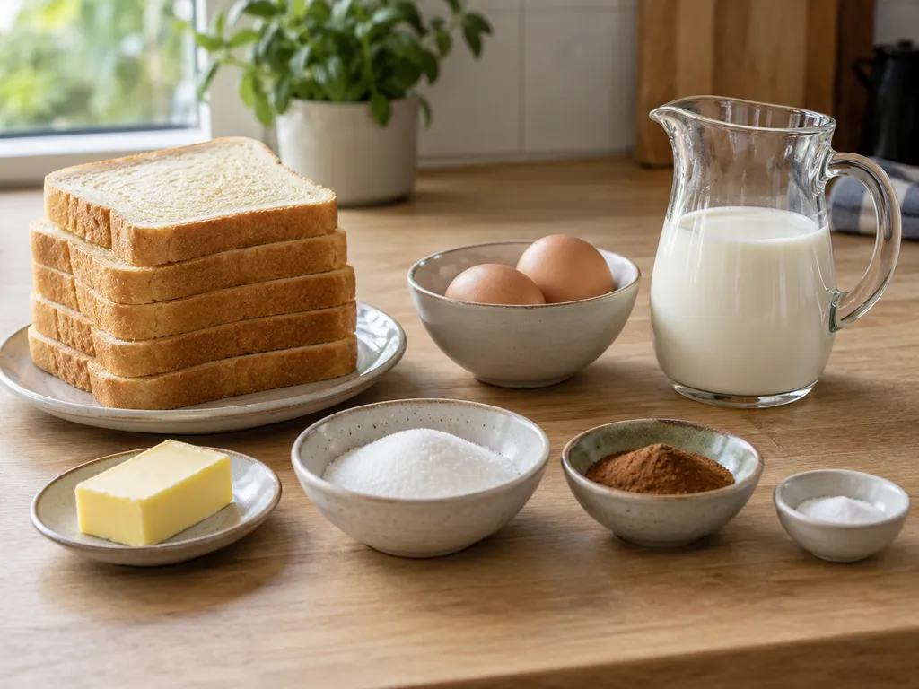 Brood, twee eieren, melk, boter, suiker, kaneel en zout voor wentelteefjes