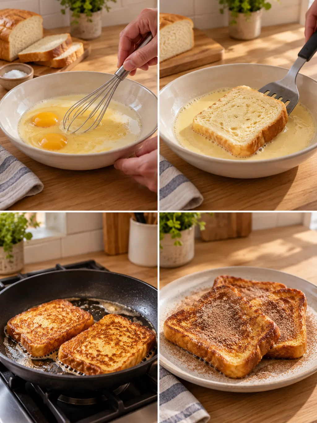 Eimengsel kloppen, brood dippen, wentelteefjes bakken en serveren met kaneelsuiker