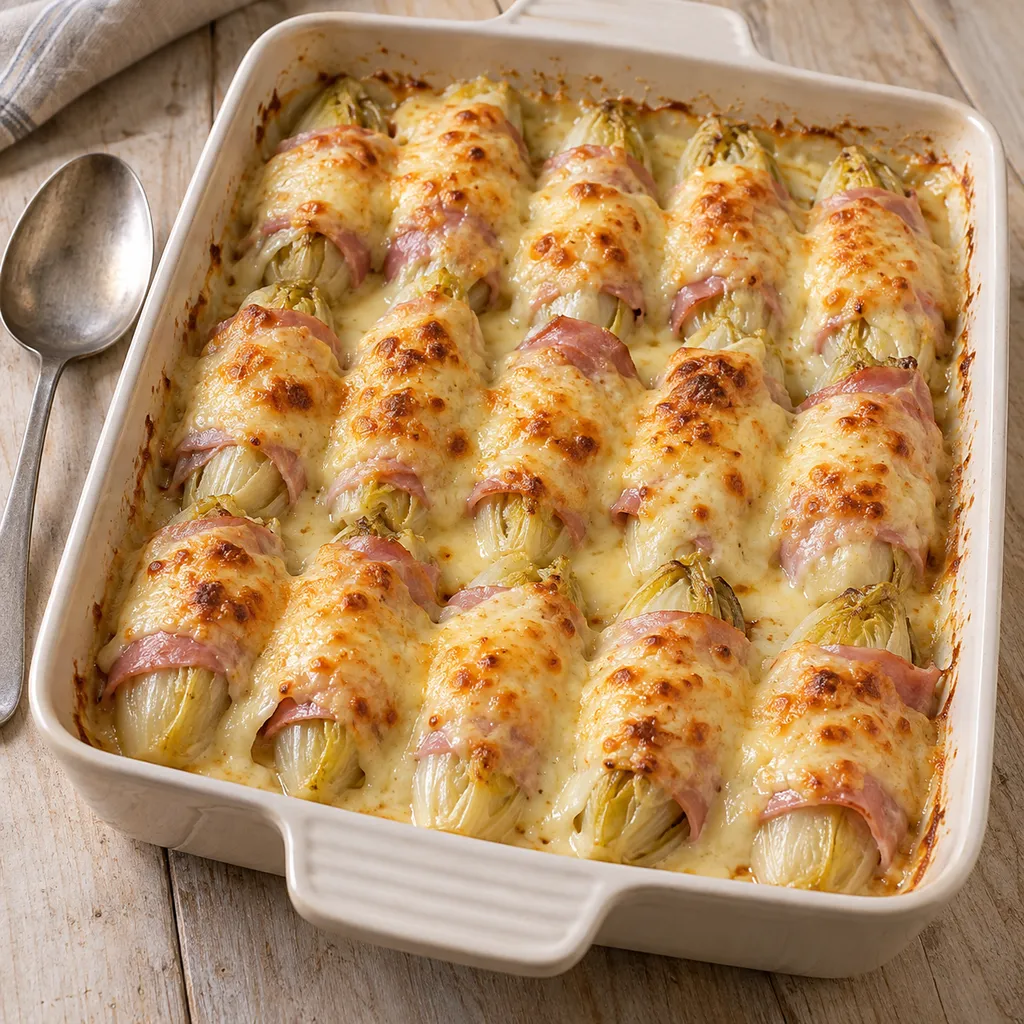 Witlofrolletjes met ham, romige kaassaus en goudbruine kaas in een ovenschaal