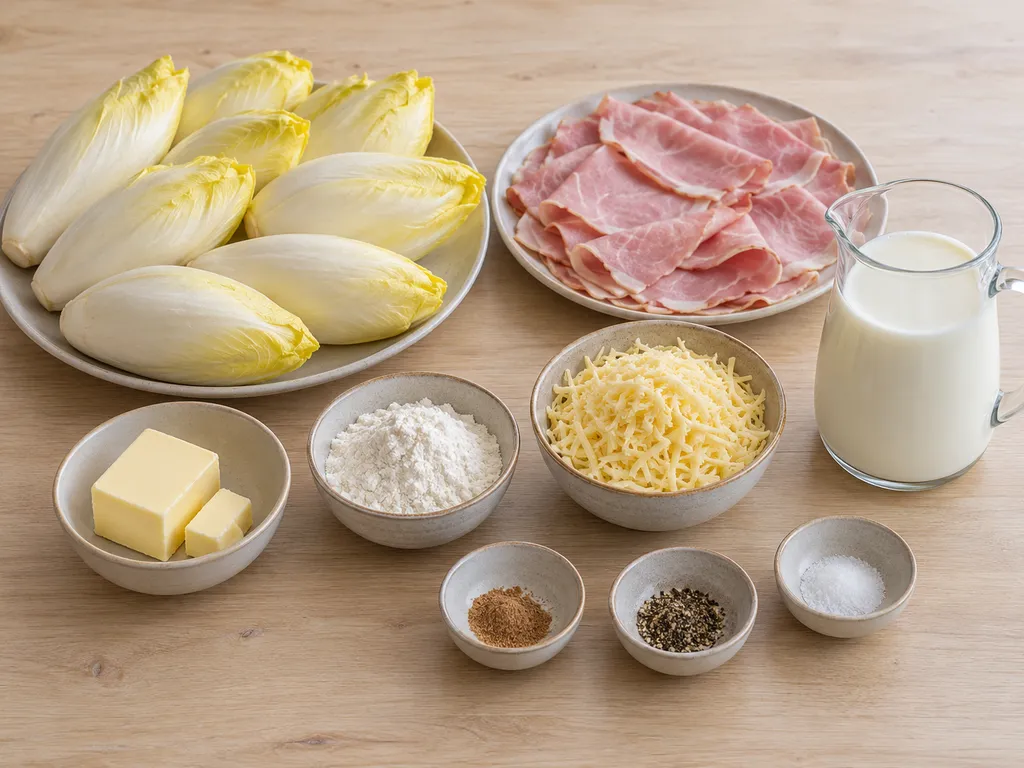 Witlof, gekookte ham, geraspte kaas, boter, bloem, melk en kruiden op een werkblad