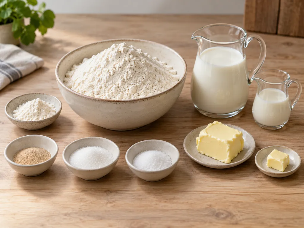 Bloem, instantgist, suiker, zout, melk en boter voor zachte witte bolletjes