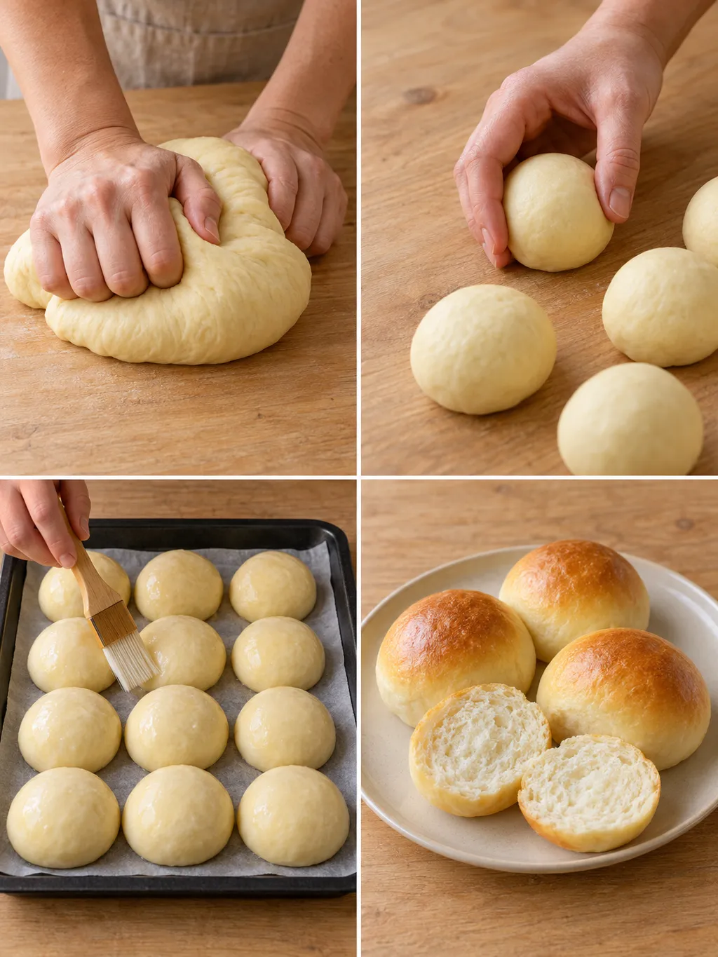 Deeg kneden, bolletjes vormen, met melk bestrijken en de gebakken broodjes serveren