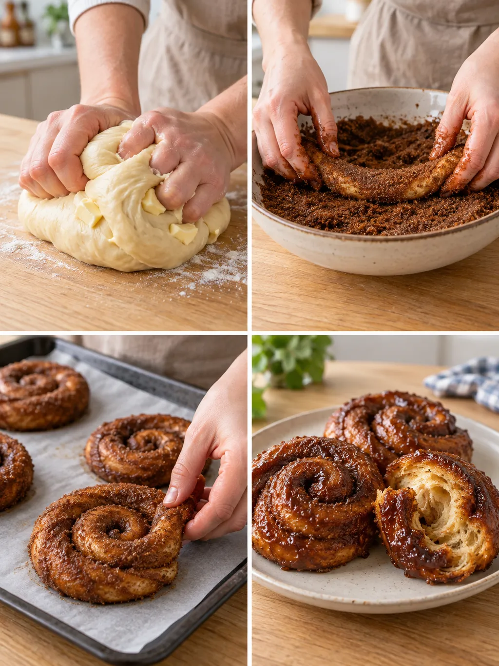 Bolusdeeg kneden, door kaneelsuiker rollen, spiralen vormen en gebakken bolussen