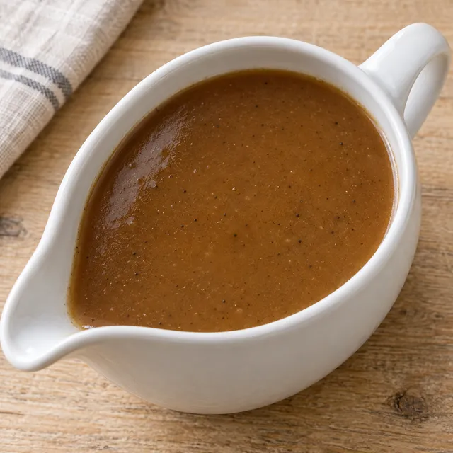 Bruine zelfgemaakte jus in een witte sauskom met schenktuit