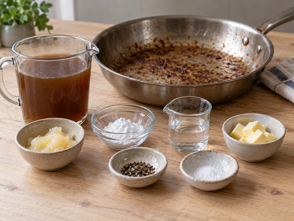 Braadvet, bouillon, maizena, water, boter, peper en zout voor zelfgemaakte jus