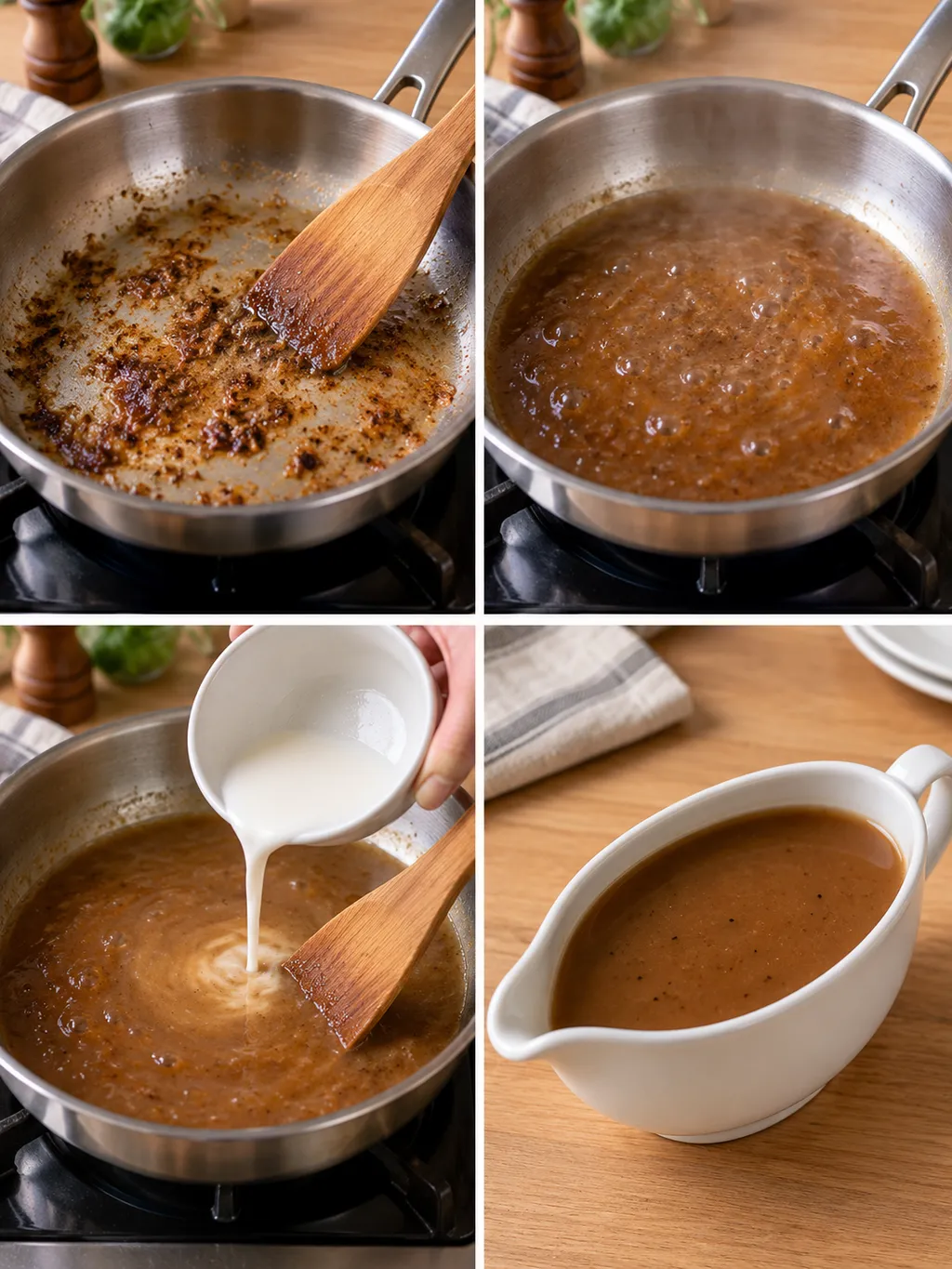 Aanbaksels losroeren, jus inkoken, maizena toevoegen en bruine jus serveren