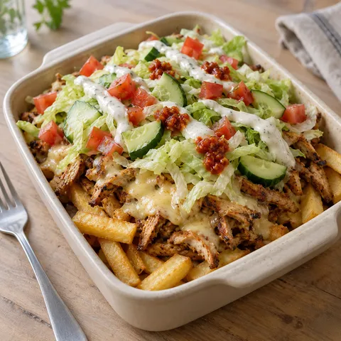 Kapsalon met kipshoarma, gesmolten kaas, ijsbergsla en knoflooksaus