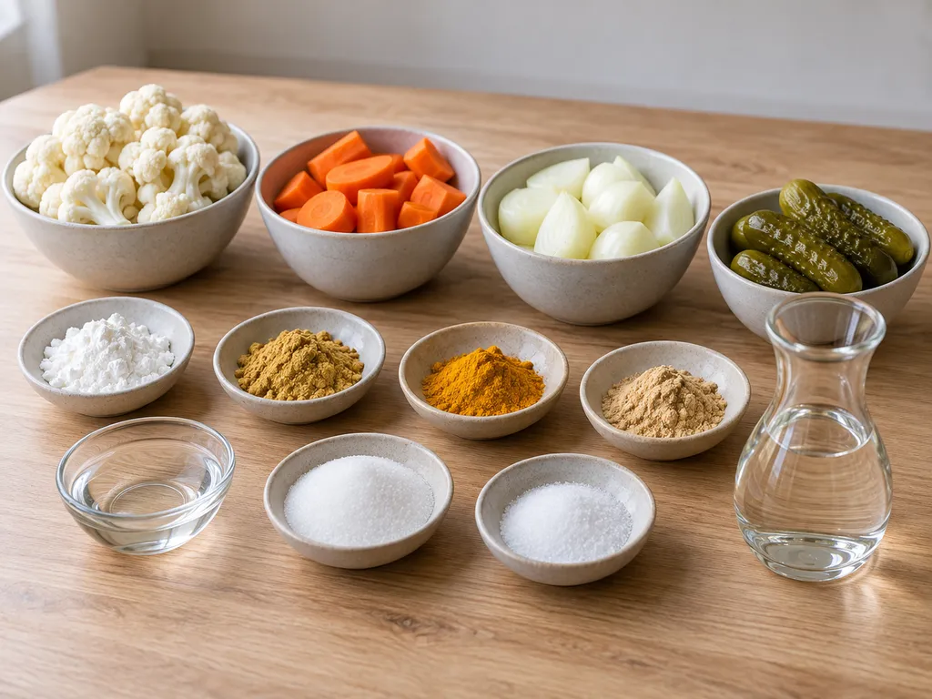 Bloemkool, wortel, ui, augurk en ingrediënten voor de gele piccalillysaus