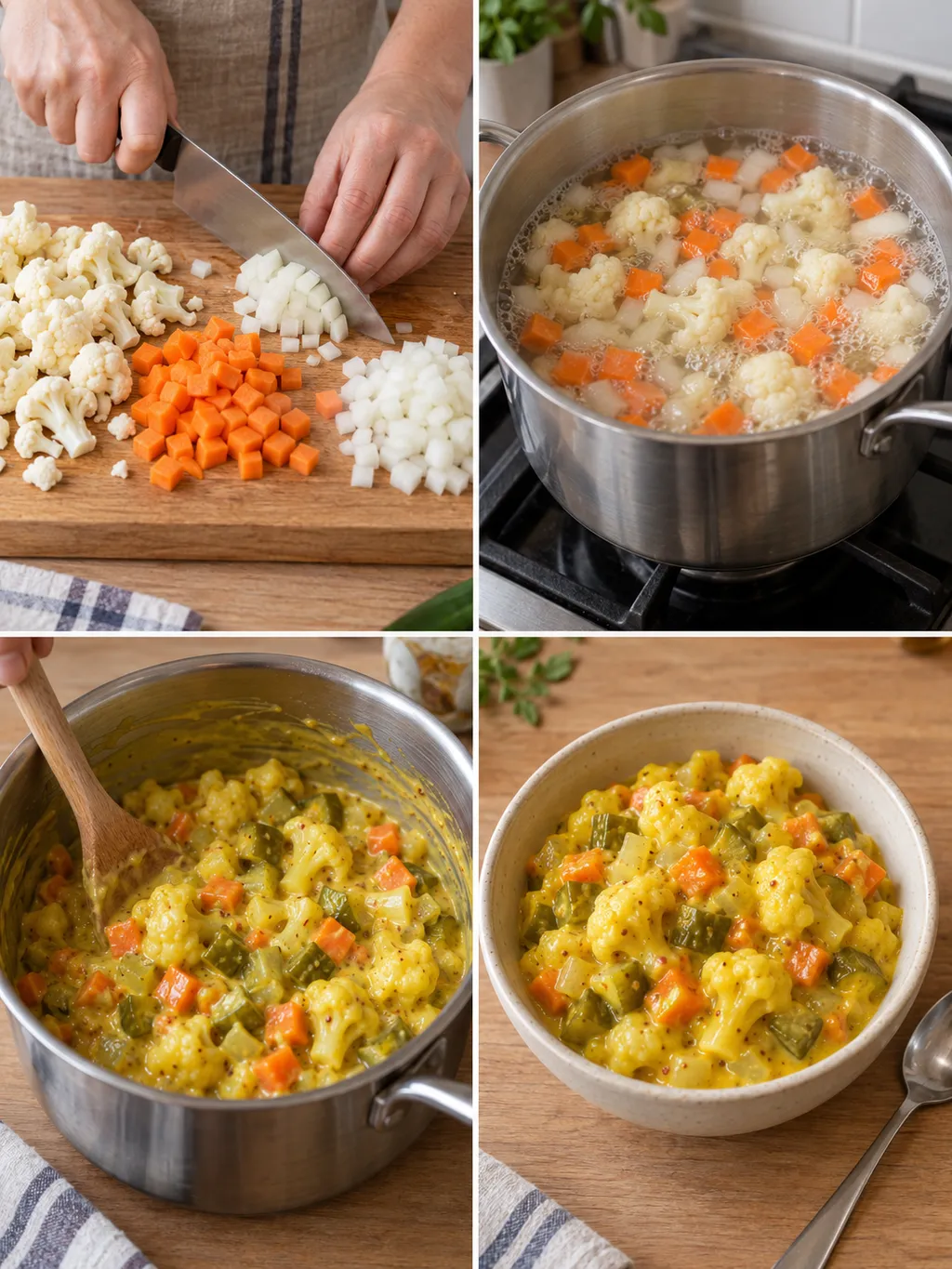 Groenten snijden, koken en mengen tot piccalilly, met de bereide piccalilly in een kom