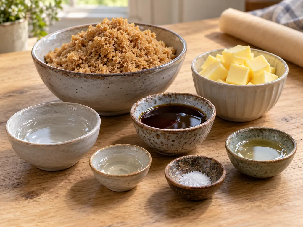 Basterdsuiker, roomboter, stroop, water, azijn, zout en olie voor boterbabbelaars