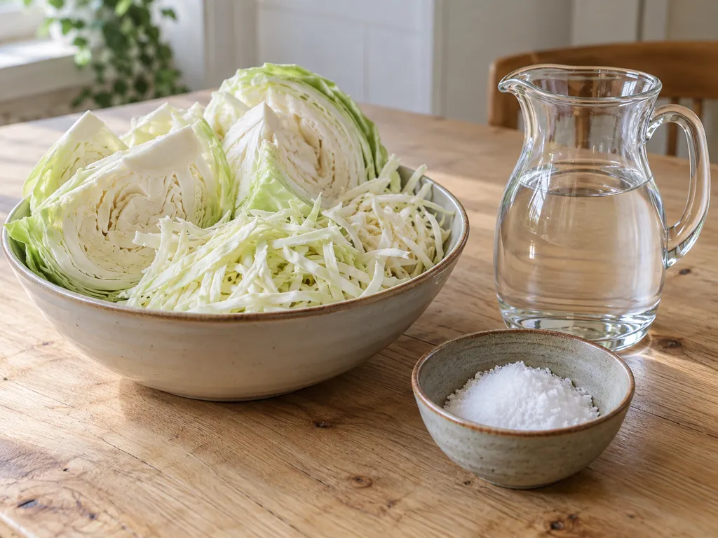 Witte kool, inmaakzout en water voor het maken van zuurkool