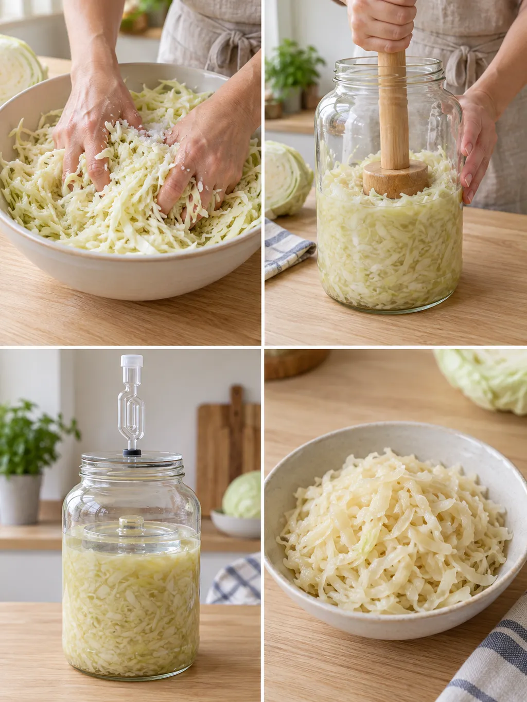 Kool kneden, aandrukken en fermenteren met daarnaast de bereide zuurkool
