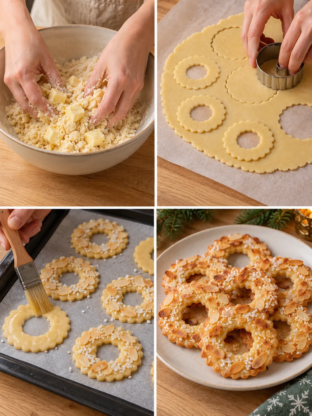 Deeg mengen, kerstkransjes uitsteken en versieren, met de gebakken koekjes op een bord