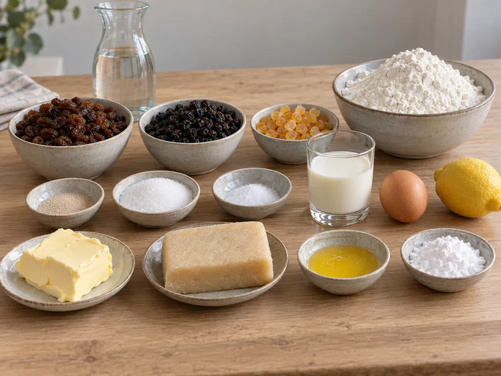 Bloem, vruchten, melk, ei, boter en amandelspijs voor zelfgebakken kerststol