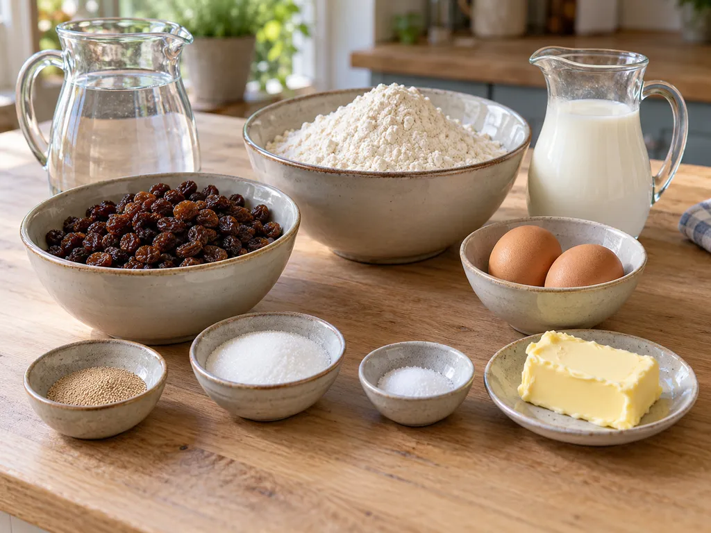 Krenten, bloem, gist, suiker, zout, melk, twee eieren, boter en water voor krentenbollen
