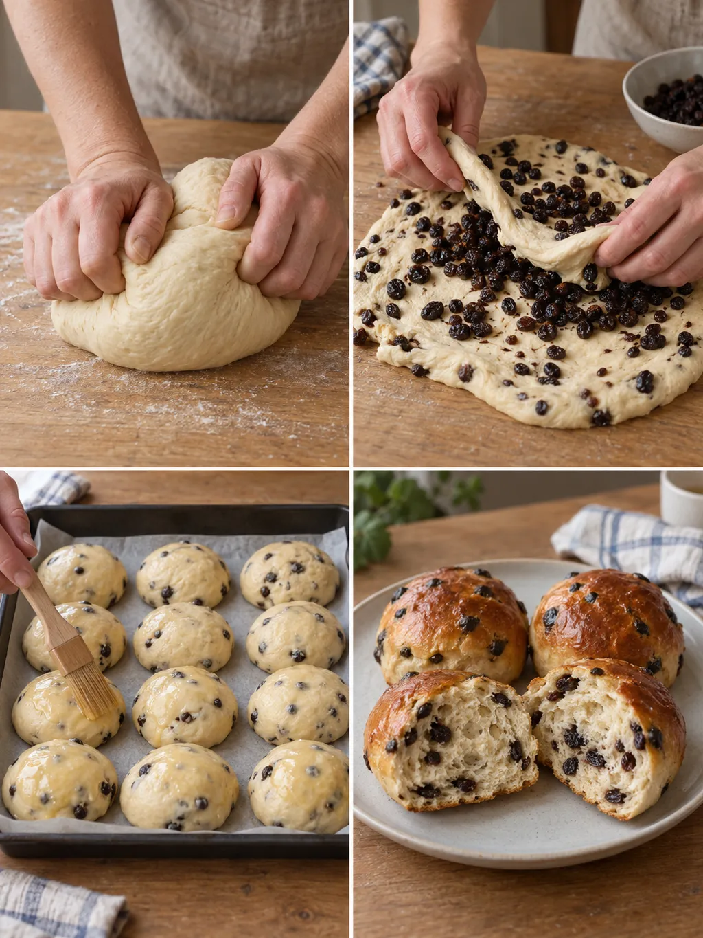 Krentenbollen maken van soepel deeg en krenten tot bestrijken en gebakken broodjes