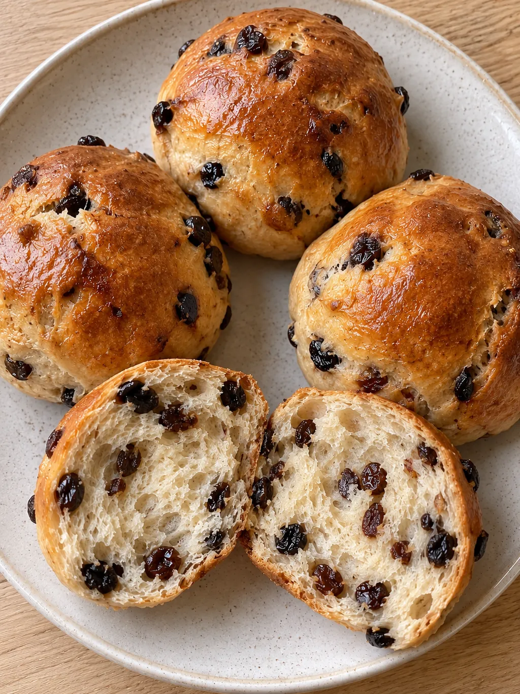 Zelfgebakken krentenbollen met goudbruine korst en zachte kruim vol krenten