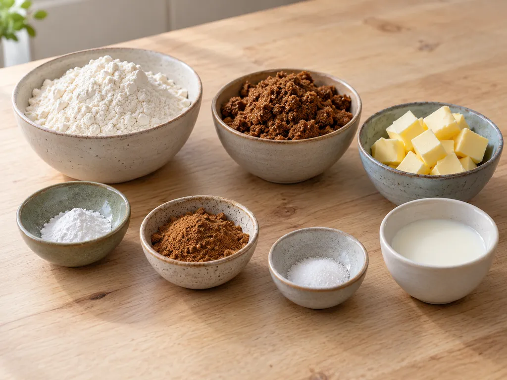 Bloem, bakpoeder, speculaaskruiden, zout, basterdsuiker, boter en melk in schaaltjes