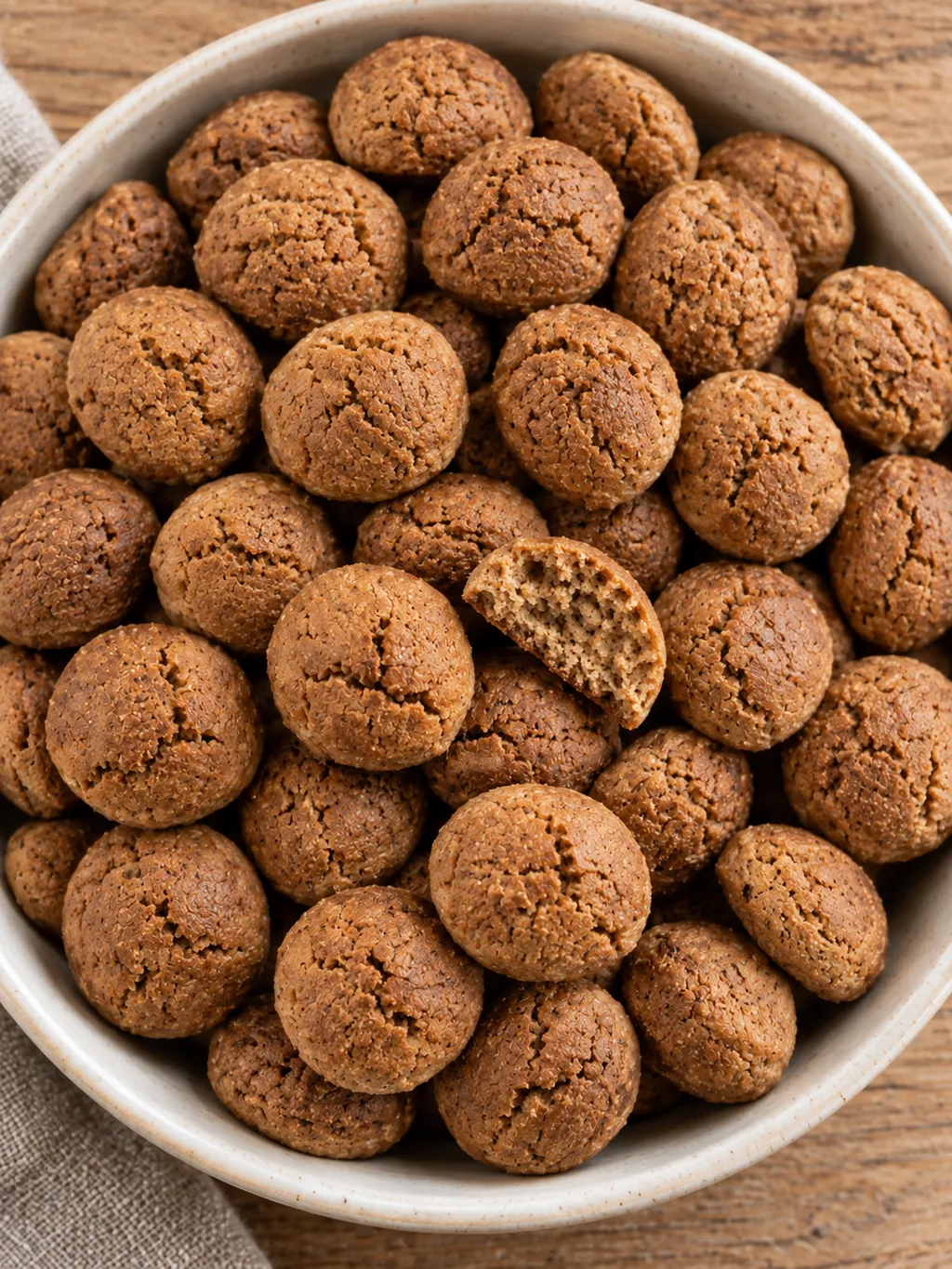 Een vol schaaltje bruine kruidnoten met fijne barstjes en een gebroken koekje