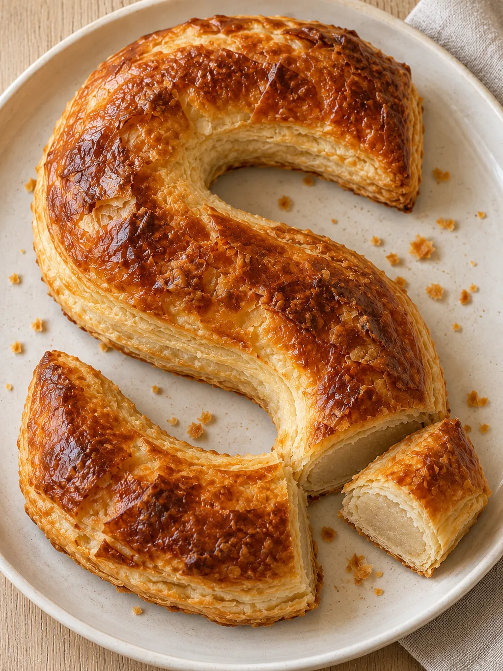 S-vormige banketletter met krokant bladerdeeg en een lichtbeige amandelspijskern