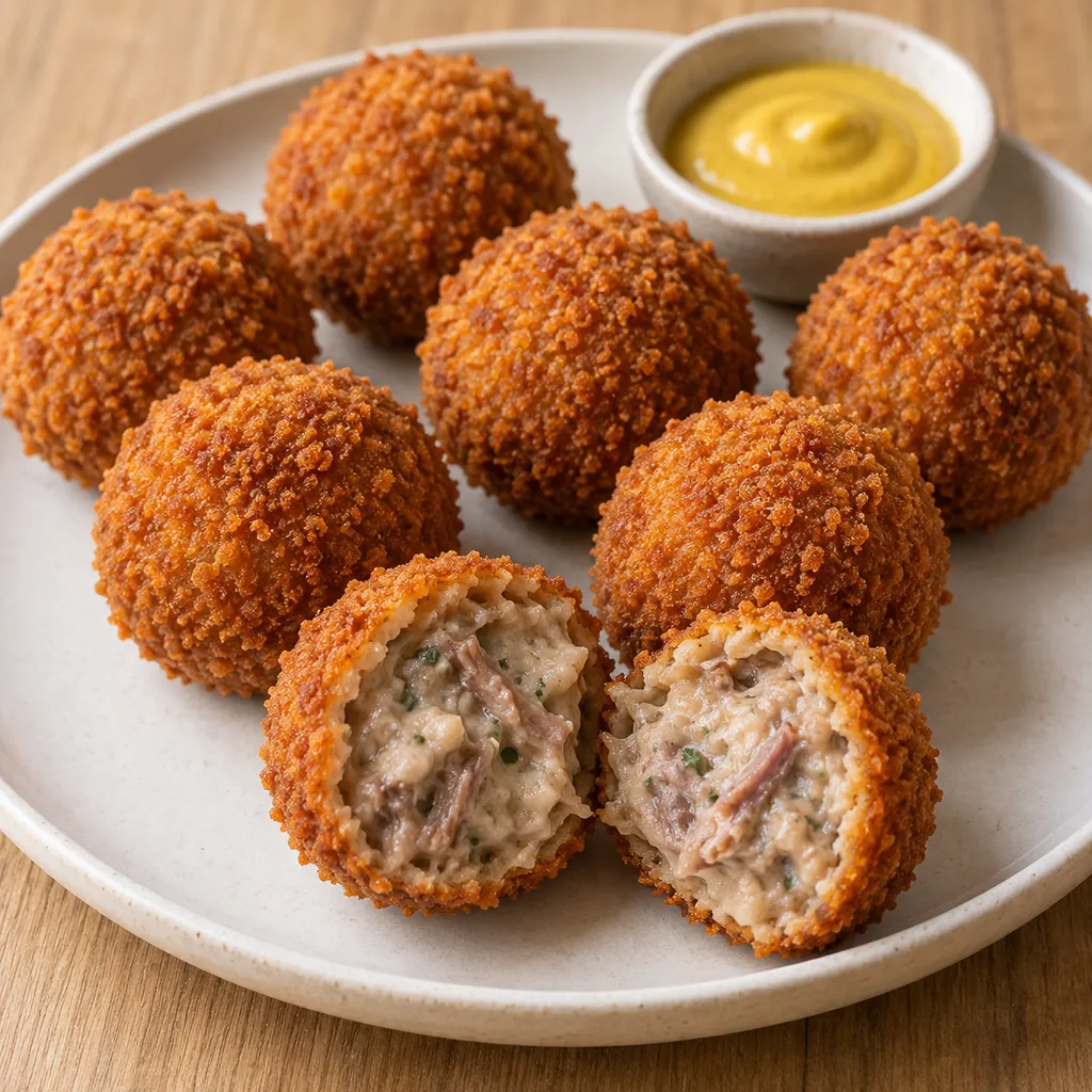 Goudbruine bitterballen met rundvleesragout en een kommetje mosterd