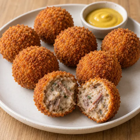 Goudbruine bitterballen met rundvleesragout en een kommetje mosterd