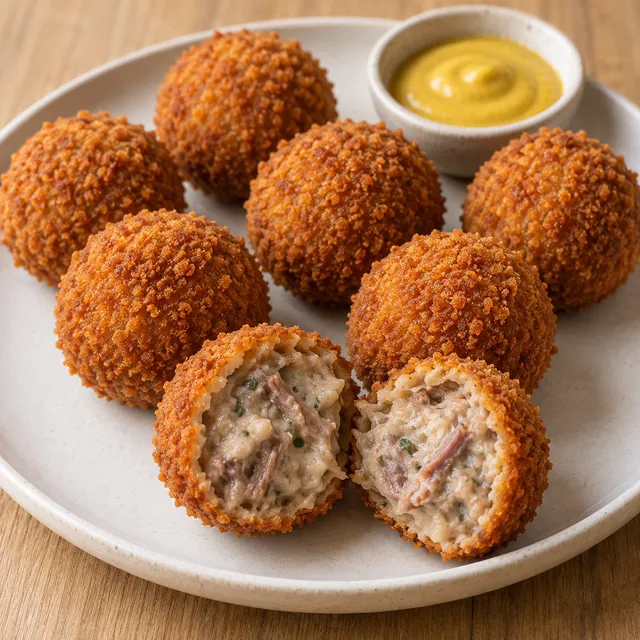 Goudbruine bitterballen met rundvleesragout en een kommetje mosterd