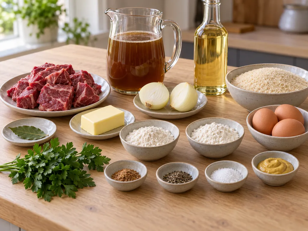 Rundvlees, bouillon, boter, bloem, eieren en paneermeel voor bitterballen