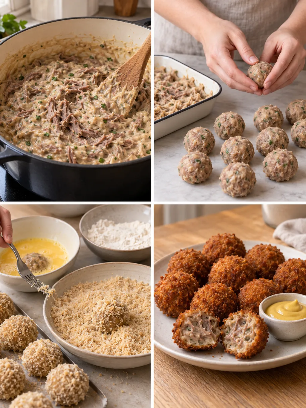 Ragout mengen, bitterballen rollen en paneren, met het gebakken resultaat