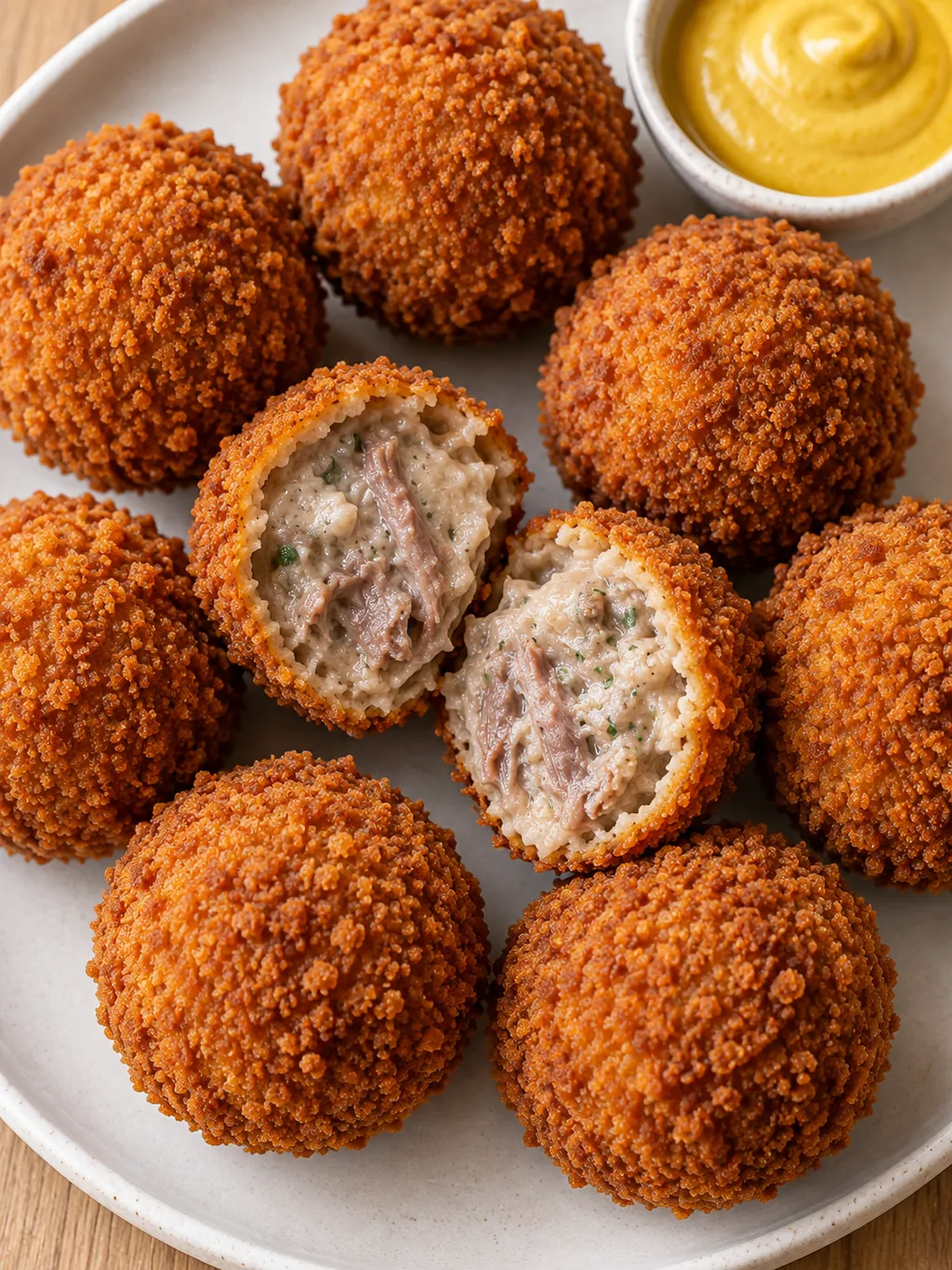 Krokante bitterballen met zichtbare rundvleesvulling en gele mosterd