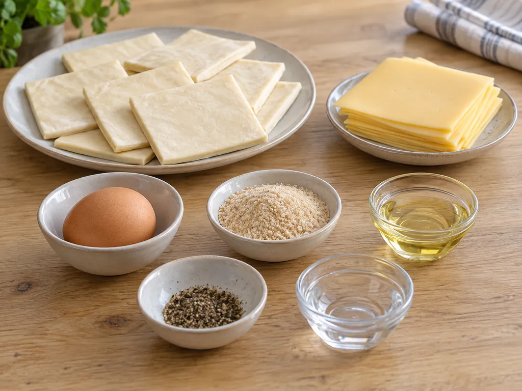 Bladerdeeg, Goudse kaas, ei, paneermeel, olie, peper en water voor kaassoufflés