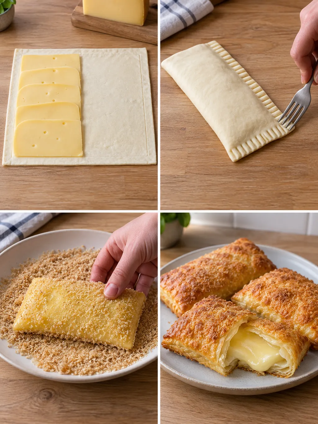 Kaassoufflés vullen, dichtdrukken en paneren met de gebakken snacks op een bord