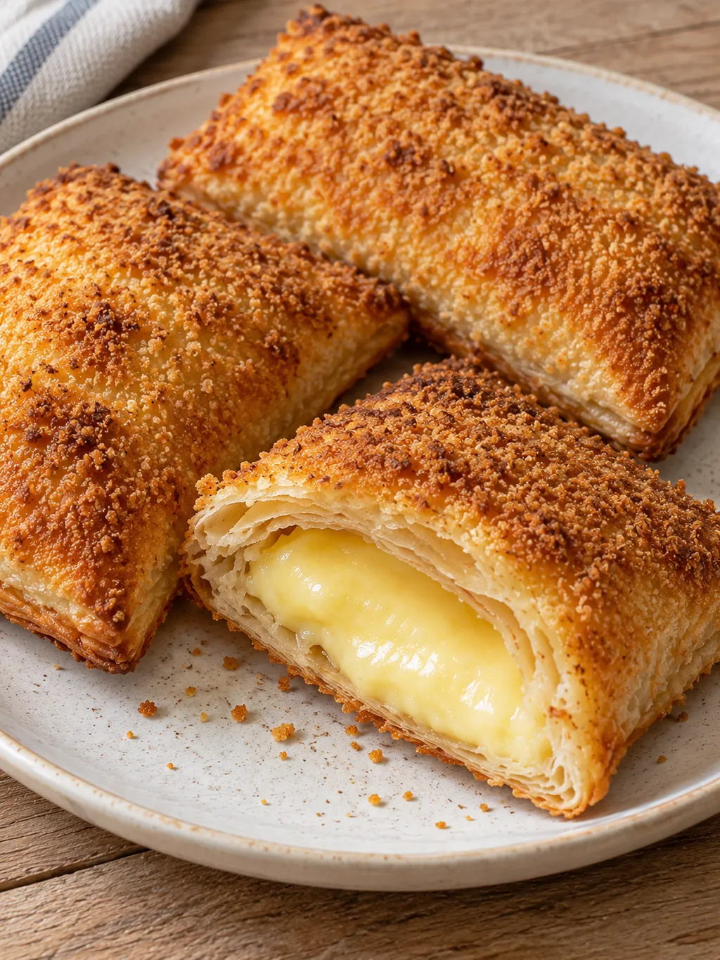 Opengesneden kaassoufflé met zachte Goudse kaas en een goudbruine paneerlaag
