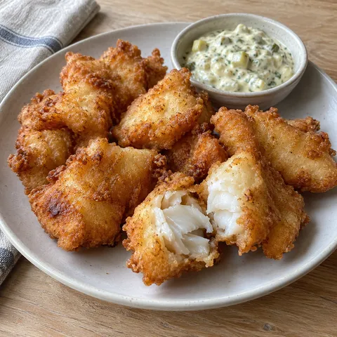 Goudbruine kibbeling met witte visvlokken en remoulade met augurk en peterselie
