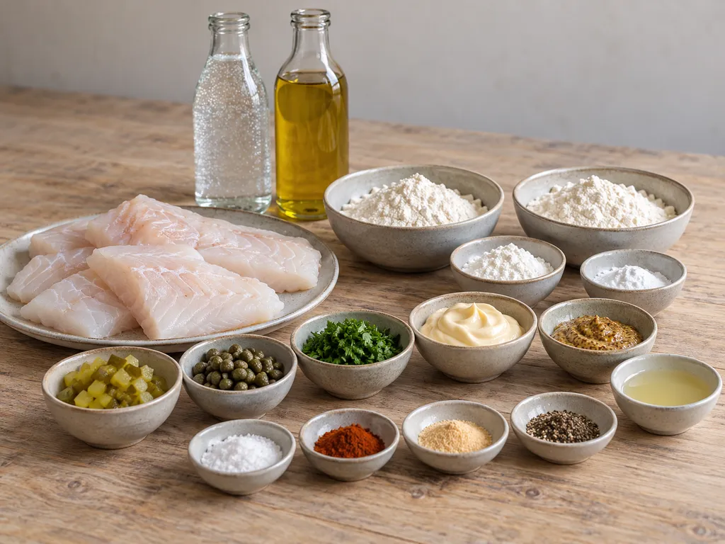 Kabeljauw, bloem, bruiswater, kruiden en ingrediënten voor zelfgemaakte remoulade