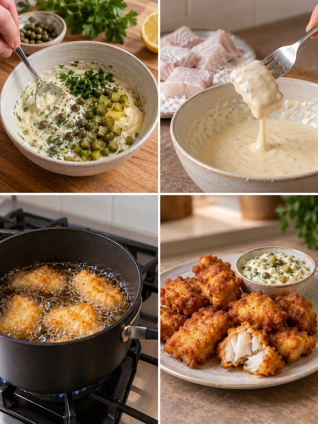 Remoulade mengen, vis door beslag halen, kibbeling frituren en de gare vis serveren